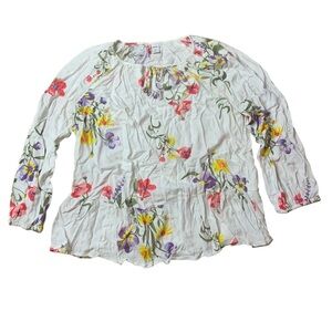 Old Navy Floral Peplum Long Sleeve Blouse White Purple Yellow Large